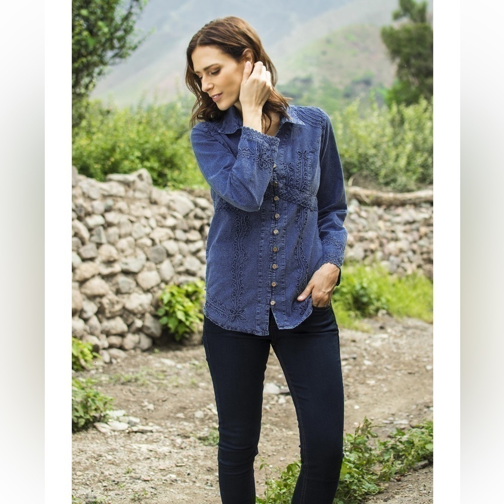 Novica Lily of The Incas Button-Front Chambray Blue Blouse